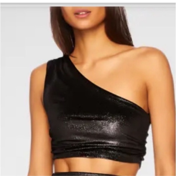 NWT Susana Monaco Black Metallic One Shoulder Ruched crop top women size Small - Picture 6 of 11